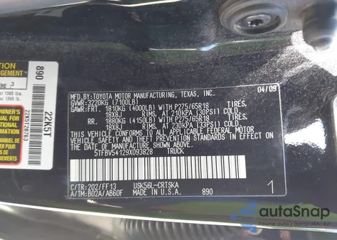 2009 Toyota Tundra Sr5 5.7L V8 из США, поврежденный, VIN 5TFBV54129X093828